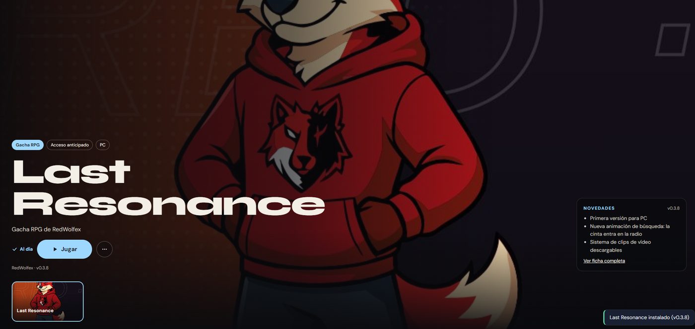 El RedWolfex Launcher en la vista Póster, con Last Resonance instalado y el botón Jugar